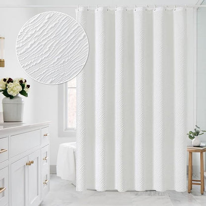 MitoVilla White Modern Fabric Shower Curtain, Farmhouse Waves Cloth Shower Curtains for Neutral Hotel Bathroom Decor, 3D Geometric Embossed Textured, Waterproof & Wrinkle Resistant, 72 x 72
