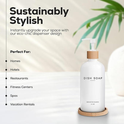 White Glass Dish Soap Dispenser for Kitchen Sink by Brighter Barns - Kitchen Soap Dispenser Set with Tray - Bamboo Pump Bottle - Neutral Minimalist Home Decor in RV, Office, Home, Airbnb, Gift (White)