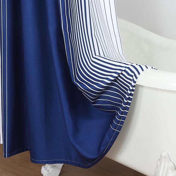 Blue Shower Curtain, Modern Navy Blue and White Gradient Vertical Stripe Waterproof Polyester Shower Curtains for Bathroom, 72x72 Inches