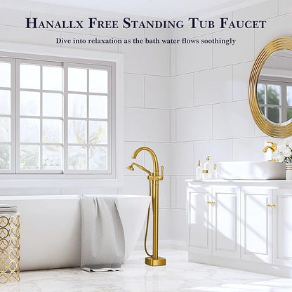 Free Standing Tub Faucet, Hanallx Luxury Brushed Gold Freestanding Bathtub Faucet with Sprayer, Premium Brass High Flow Rate Floor Mount Tub Filler Swivel Spout, Roman Tub Faucet Set（HM88011-BG）