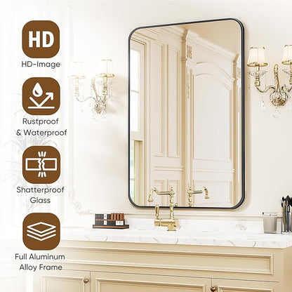 Antok Bathroom Mirror, 36"x24" Wall Mirror, Decorative Mirrors Vanity Mirror Aluminum Alloy Frame Contemporary Rectangular Hanging Mirror for Living Room Bathroom Entryway,Black,Round Corner