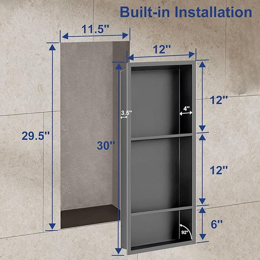 Shower Niche,12 * 30 Stainless Steel Elegant Bathroom Niche, No Tile Needed Recessed Shower Shelf Organizer for Storage,Grey
