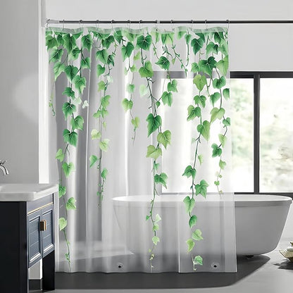 Clear Green Ivy Leaves Shower Curtain Liner, Transparent Plastic Nature Green Botanical Leaf Decorative Waterproof Shower Curtains for Bathroom, 72x78 Weighted Magnetic Shower Curtain Liner with Hooks