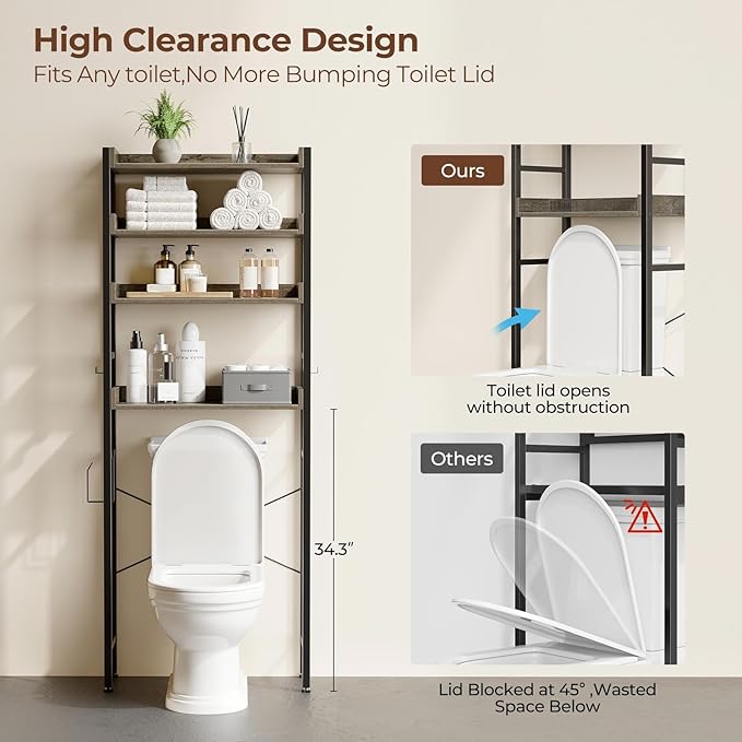 Rolanstar Over The Toilet Storage 4-Tier, Sturdy Bathroom Shelf with Adjustable Shelf, Freestanding Over The Toilet Rack for Bathroom, Behind Toilet Rack, Fix Most Toilet, Space-Saving, Gray