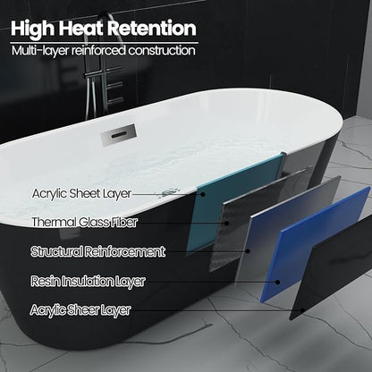 Freestanding Bathtubs 59 inch Black and White Acrylic Free Standing Soaking Tub, Modern Bathroom Remodel Luxury Soaking Tub with Integrated Overflow and Chrome Fittings