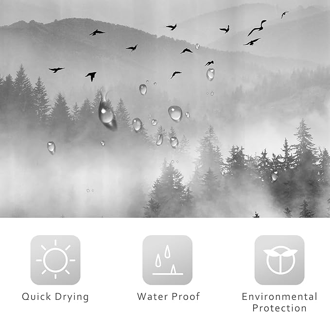 Riyidecor Black and White Shower Curtain 72Wx72H Inch Mountain Scenery Nature Pine Tree Cool for Mens Scene View Landscape Bathroom Decor Fabric Polyester Waterproof 12 Pack Hooks