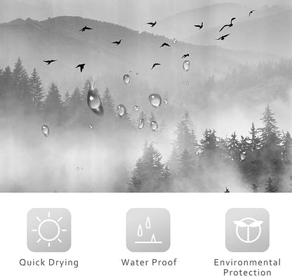 Riyidecor Black and White Shower Curtain 72Wx72H Inch Mountain Scenery Nature Pine Tree Cool for Mens Scene View Landscape Bathroom Decor Fabric Polyester Waterproof 12 Pack Hooks
