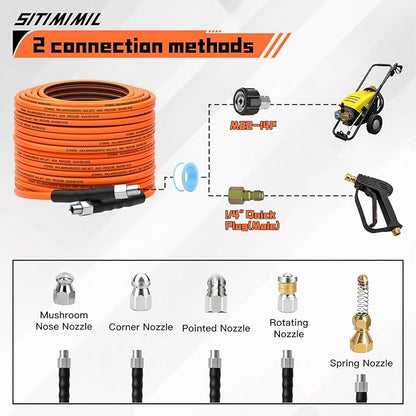 Sewer Jetter Kit for Pressure Washer 50FT,5800psi Drain Cleaner Hose 1/4 Inch Npt Corner, with 5 Sewer Jetting Nozzles Sealing Tape Pearl Corsage Pin Spanner Glove Drain Snake