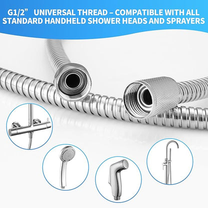 79 Inch Extra Long Stainless Steel Shower Hose - Flexible & Wear-Resistant with Chrome shower head with hose Plated Nut & Insert