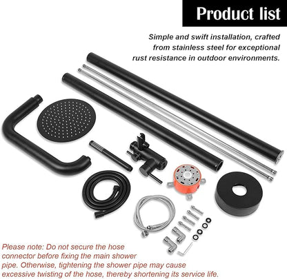 Freestanding Outdoor Shower – Height Adjustable Matte Black Outdoor Shower Fixtures with 10”Rain Shower Head & Handheld for Backyard,Garden,Pool,Beach – Rust-Resistant Stainless Steel Outside Shower