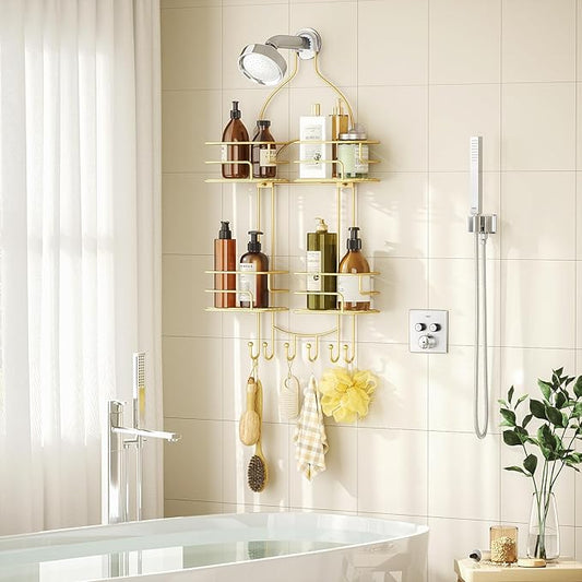 SRIWATANA Shower Caddy Hanging, Bathroom Organizer, No Drilling Shelves Over Shower Head, Bath Rack Holder with Hooks for Razors and Sponge - Gold