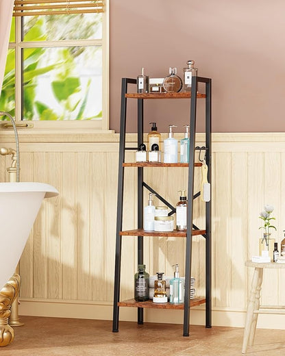 Furologee 4 Tier Ladder Bookshelf Narrow, Metal Wooden Ladder Shelf Bookcase with 2 Hooks, Small Rustic Brown Bookshelves Free Standing, Skinny Leaning Book Shelves for Bedroom Bathroom Living Room