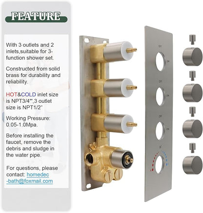 HOMEDEC 3 Way Shower Diverter Valve, 3 Outlets Multi Function Thermostatic Shower Brass Valve Can Run Simultaneously, Brushed Nickel
