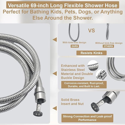 Adjustable Shower Slide Bar with 5-Function Handheld Shower Head, Stainless Steel Grab Slide Bar Combo with Extra Hose (Brushed Nickel)