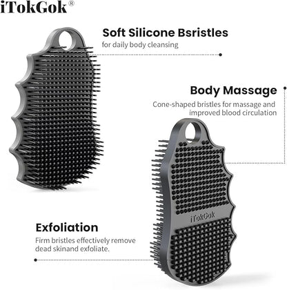 Silicone Body Scrubber Silver-Infused Dual-Sided 3-in-1 for Shower, Body Cleaning+Massage+Exfoliator Body Brush Buffer for Men and Women, Silicone Loofah, Non-Slip Handle (Gray)
