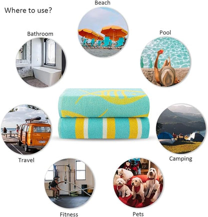 CASA COPENHAGEN Miami Bath Towels Designed in Denmark Rough and Tough, Quick Dry, for Pool, Bath & Shower 30"x60", 2 Pieces Cotton Beach Towels Set - Fish Teal + Yellow Stripe