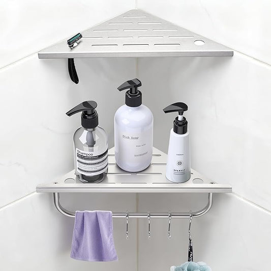 Shower Corner Shelf, 10'' Corner Shower Shelf with Towel Bar & Hooks, 2-Pack 304 Stainless Steel Recessed Bathroom Shelves, No Drilling for Tiled Wall (Brushed Nickel)