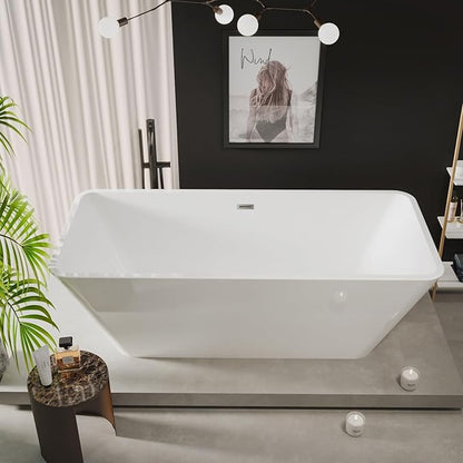 66" Acrylic Freestanding Soaking Bathtub, Matte Drain & Black Overflow, Modern Design Tub for Home Bathroom Renovations, Glossy White