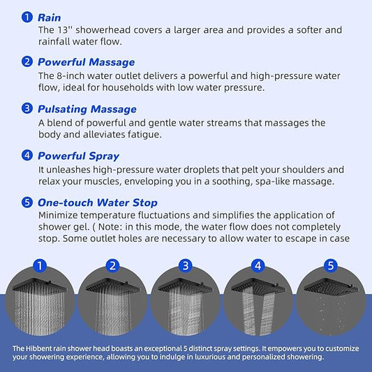 Hibbent Upgraded cUPC Certified 13'' Shower Head Combo, High Pressure 5 Spray Rainfall Showerhead with 10 Sprays Handheld, All Metal 3-way Diverter Shower Arm, 71'' Hose and Holder, Matte Black