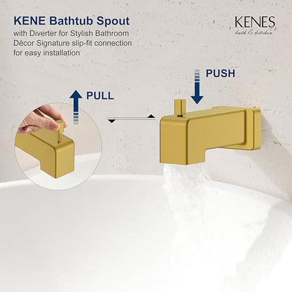 KENES Brushed Gold Tub and Shower Trim Kit, Square Tub Shower Faucet Set Complete with 10-Inch Rainfall Shower Head and Tub Spout, KE-6024A-4 (Shower Valve Included)