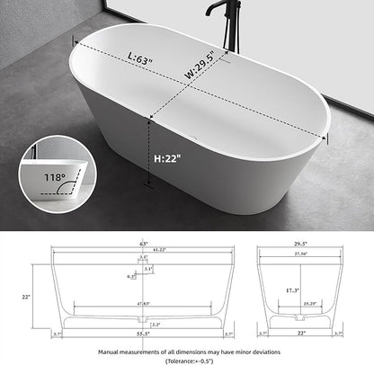 63'' Freestanding Bathtub Solid Surface Matte Bathroom Bathtub Soaking Tubs Resin Stone Bathtubs Oval Soak Tubs with Overflow and Pop-up Drain - White…