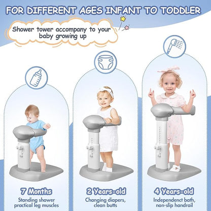Adjustable Baby Bath Stand with Anti-Slip Base, Sturdy Baby Stand Up Shower, Huggable Bear Stand Bath Support for Babies 6 Months & up, Easy to Install | Anti-Pinch & Dumping, Mothers Hands-Free