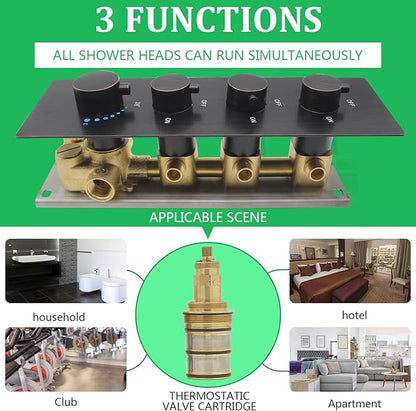 HOMEDEC Oil Rubbed Bronze 3 Way Shower Diverter Valve Brass Three Functions Thermostatic Shower Mixing Valve Kit 3 Handle Flow Control Valve