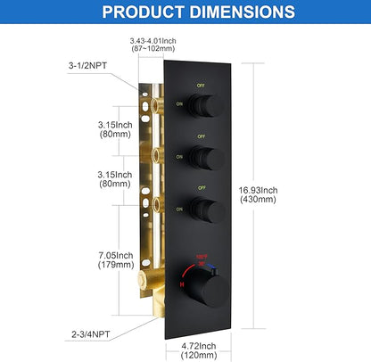 Matte Black 3 Way Shower Diverter Valve - 3 Function Thermostatic Mixer Brass Valve with Individual On/Off Flow Control for Shower Arm & Shower Kit