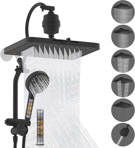 Hibbent 5-spray Dual Filtered Rainfall Shower Head Combo, High Pressure 13'' Showerhead with 10 Spray Handheld, Easy Reach 4-way Diverter Arm with Pause Mode, 71'' Hose & Holder, Oil-Rubbed Bronze