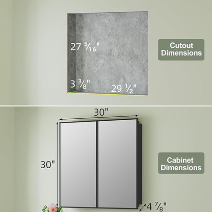 Buruis 30" x 30" Framed Medicine Cabinet with Mirror, Recessed or Wall Mounted Bathroom Cabinet, Adjustable Tempered Glass Shelves, Left/Right Open Reversible, No Assembly Required, Black