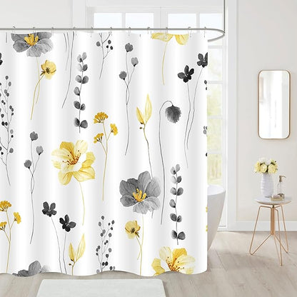 Gibelle Extra Long Shower Curtain 72 x 84, Watercolor Floral Fabric Shower Curtain, Yellow Grey Flower Decorative Bathroom Shower Curtain Set