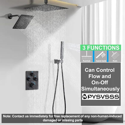 Modern Push Button 3 Way Thermostatic Shower Valve, Concealed Multi Function Brass Faucet Rough-In Mixer Shower Diverter Valve Kit Can Control Flow and On-Off Simultaneously, Matte Black
