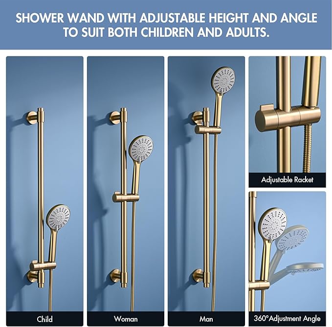 Adjustable Shower Slide Bar with 5-Function Handheld Shower Head, Stainless Steel Grab Slide Bar Combo with Extra Hose (Brushed Gold)