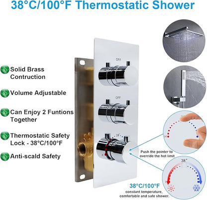 2 Way Shower Diverter Valve Brass 2 Functions Thermostatic Shower Mixing Valve Kit 3 Handle Flow Control Valve, 3/4 Inch Inlet, Can Run Simultaneously(Chrome)