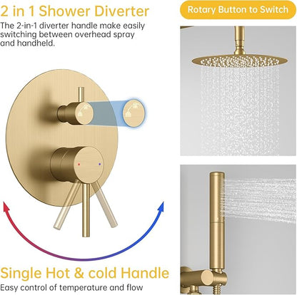 BESy Shower System with 10 Inch Round Rain Shower Head and Handheld Wall Mounted, High Pressure Rainfall Shower Faucet Fixture Combo Set with 2 in 1 Handheld Showerhead for Bathroom, Brushed Gold