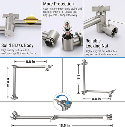 G-Promise 18 Inch Shower Head Extension Arm, Solid Brass Height & Angle Adjustable Extender, Rise or Lower Rainfall and Fixed Shower Head (Brushed Nickel)
