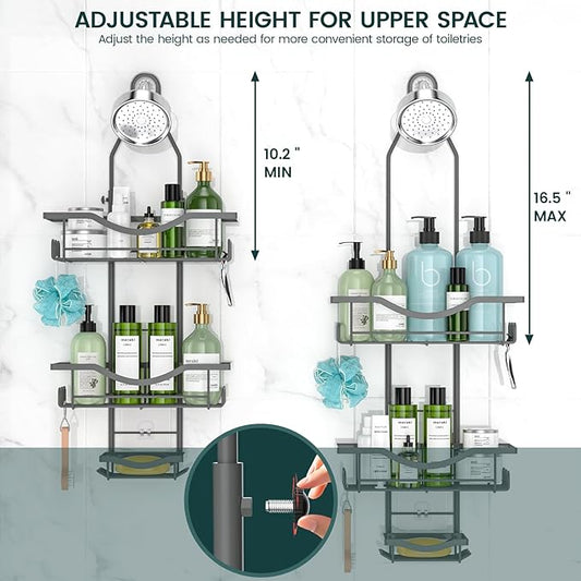 REINHARDT Shower Caddy Hanging Adjustable, Extended Length Rustproof Shower Caddy Over Shower Head with Hooks Soap Holder, Large Capacity Shower Organizer Anti-Swing Bathroom Organizer, Grey