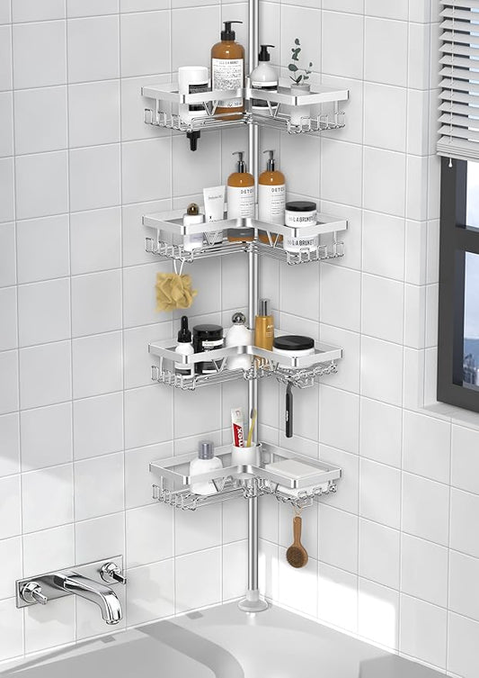 4-Tier Shower Caddy/Shower Organizer - Corner Standing Tension Pole Adjustable 25-114.2 inches Built in 2 Soap Holder Rustproof Silver Finish