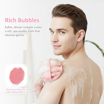 3PCS Extender Handle Set,17in Lengthen Detachable Long Handle Back Brush*1,Silicone Body Scrubber for Gentle Exfoliating and Massage Can Produce Rich Foam*2,Long Handle Back Scrubber for Men (White)