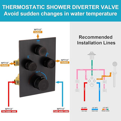 Push Button 3 Way Thermostatic Shower Diverter Valve, Concealed 3 Outlet Multi Function Brass Mixer Shower Valve Kit Can Control Flow and On-Off Simultaneously, Oil Rubbed Bronze
