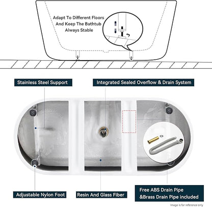 FerdY 59" Shangri-La Elite, Acrylic Freestanding Bathtub, Modern & Contemporary Design Soaking Tub with Polished Gold Pop-Up Drain and Minimalist Design Overflow, Glossy White, cUPC Certified
