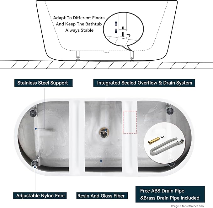 FerdY 59" Shangri-La Elite, Acrylic Freestanding Bathtub, Modern & Contemporary Design Soaking Tub with Matte Black Pop-Up Drain and Minimalist Design Overflow, Glossy White, cUPC Certified