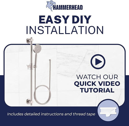 HammerHead Showers® SOLID METAL 27.5 Inch Shower Slide Bar Set and Handheld Shower Head with Hose — BRUSHED NICKEL — 1.75 GPM Low Flow Spray Wand — Easily Adjust Height & Angle of Handshower