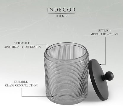 Gray Colored Tranlucent Apothecary Ribbed Geo Etched Glass Jar W/Matte Black Metal Lid Cover for Bathroom Organization, Cotton Balls, Q Tips, and Small Accessories, Bathroom Storage