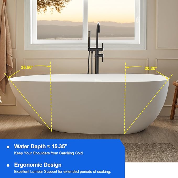 Cpingao 59" Freestanding Matte White Stone Resin Soaking Bathtub Modern Stand Alone Tub with Drain and Overflow, 8848-1500
