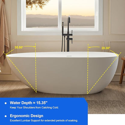 Cpingao 63" Stone Resin Freestanding Bathtub, Oval Solid Surface Contemporary Soaking Tub, Matte White Flatbottom Tubs with Overflow and Pop-up Drain, cUPC Certified 8848-1600