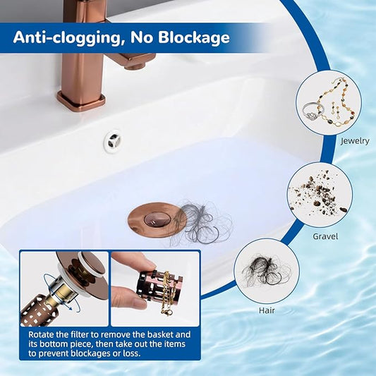 Hibbent 3 Pack 3 in 1 Bathroom Sink Drain Strainer, Universal Pop Up Stopper with Removable Stainless Steel Filter Basket Hair Catcher, Sink Plug for 1.1''~2.36'' Basin, Brass Bullet Core, Rose Gold