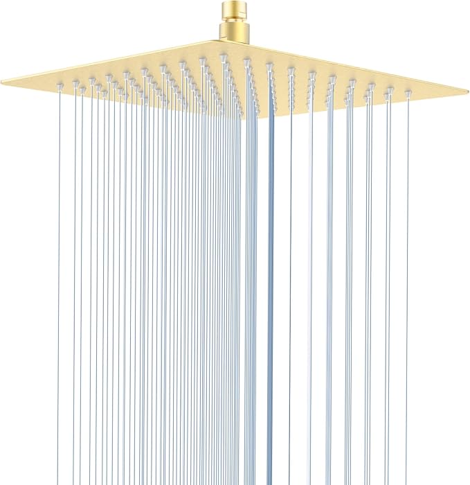 10 Inch Rain Shower Head, Square Rainfall & High Pressure, 304 Stainless Steel, 1/16" Ultra Thin, Waterfall Full Body Coverage with Silicone Nozzle, Brushed Gold