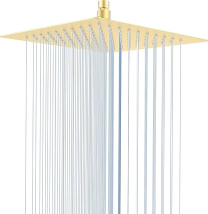 10 Inch Rain Shower Head, Square Rainfall & High Pressure, 304 Stainless Steel, 1/16" Ultra Thin, Waterfall Full Body Coverage with Silicone Nozzle, Brushed Gold