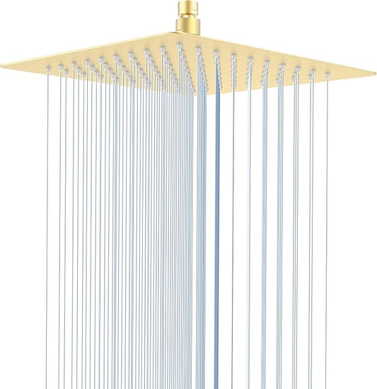 10 Inch Rain Shower Head, Square Rainfall & High Pressure, 304 Stainless Steel, 1/16" Ultra Thin, Waterfall Full Body Coverage with Silicone Nozzle, Brushed Gold